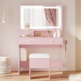 LIKIMIO Makeup Vanity Desk with Mirror and Lights, Pink Makeup Vanity Table Set with Stool Drawers, Power Socket, Dressing Table with 3 Lighting Colors, Vanities for Bedrooms LIKIMIO