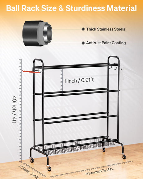 EXTCCT Basketball Rack, Outdoor Rolling Basketball Shooting Training Stand,Sports Equipment Storage with Wheels, Garage Four-Layer Ball Holder with Two Basket for Basketballs Footballs Volleyball EXTCCT