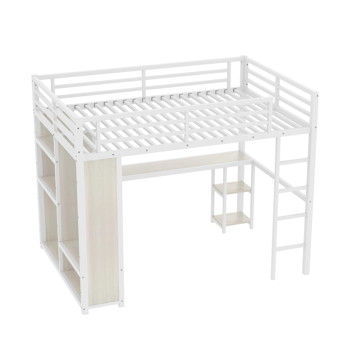 KEIKI Queen Size Loft Bed Frame with Built-in Wardrobe, Metal Loft Bed with Desk, Storage Shelves, Hanging Rod, Guardrail and Ladder, Noise Reduced BedFrame for Teens and Adults, White Wood-Grain KEIKI