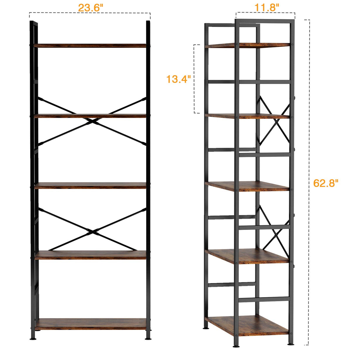 CosyStar 5-Tier Tall Bookcase, Rustic Wood and Metal Standing Bookshelf, Industrial Vintage Book Shelf Unit, Open Back Modern Office Bookcases CosyStar