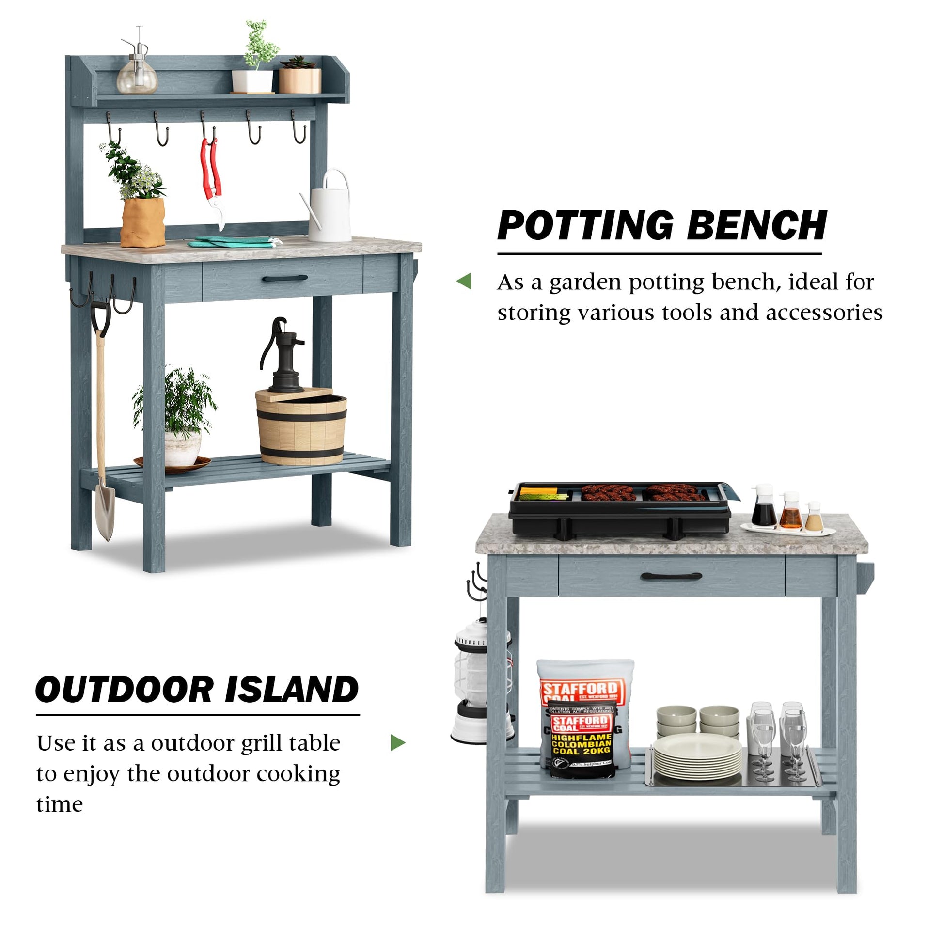 HOLTICO Outdoor Potting Bench Table with Metal Tabletop, Planting Table Potting Work Station with Storage Drawer and Removable Shelf Rack, Garden Potting Table for Outdoors - WoodArtSupply