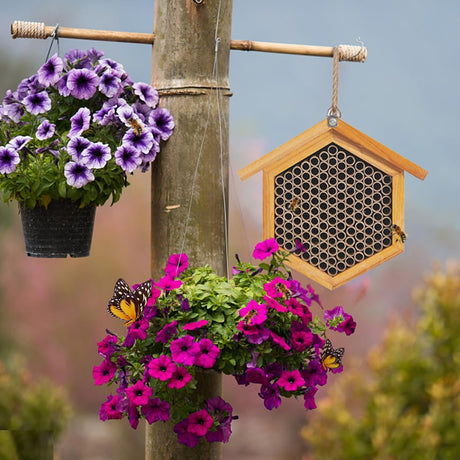 Mason Bee House Wax Coated Bee House，Carpenter Bee Hotel for The Garden,Pollinator House Waterproof, Natural Handmade Wooden Mason Bee Hotel for Pollinating Bees Garden Supplies,Attracts Peaceful Bee POLLIBEE