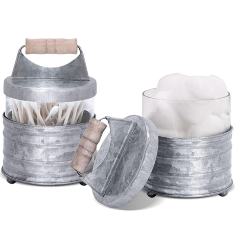 Autumn Alley Galvanized Bathroom Apothecary Jars Set, Farmhouse Bathroom Jars Qtip Holder Glass Dispenser- Rustic Vanity Organizer with Lids for Cotton Balls, Swabs, Rounds, Bath Salts 2-Glass Jars Autumn Alley