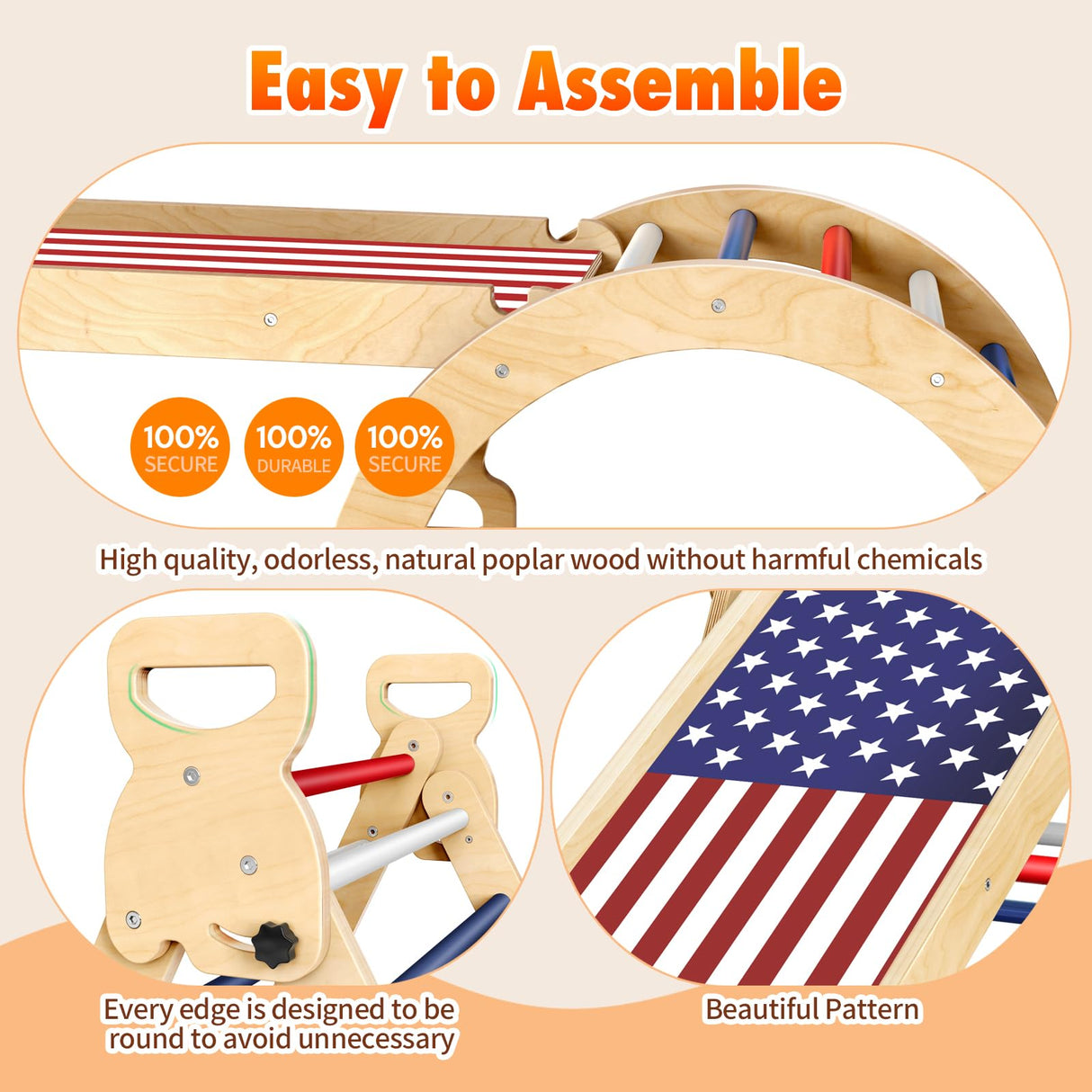 Xickboke Pikler Triangle Set Flag Style, Wooden Montessori Climbing Set,Foldable Pickler-3-Piece Climbing Gym with Triangle Climbing Frame, Arch, Ramp, Indoor Climbing Toys for Children Aged 1-3 Xickboke