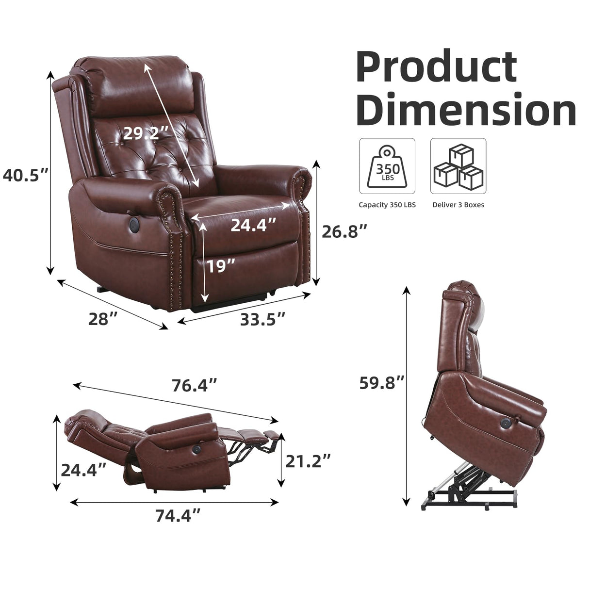 RUTOX Large Power Lift Recliner Chair for Elderly, Lay Flat Lift Chair with Adjustable Headrest, Leather Recliner Lift Chairs with Massage and Heat,Infinite Position, Extended Footrest, Brown RUTOX