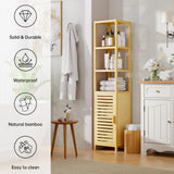 HITNET Bathroom Floor Cabinet, 6 Tier Tall Thin Linen Tower Storage Cabinet Free Standing Bamboo, Kitchen Side Organizer with 3 Shelves and Cupboard, Natural HITNET