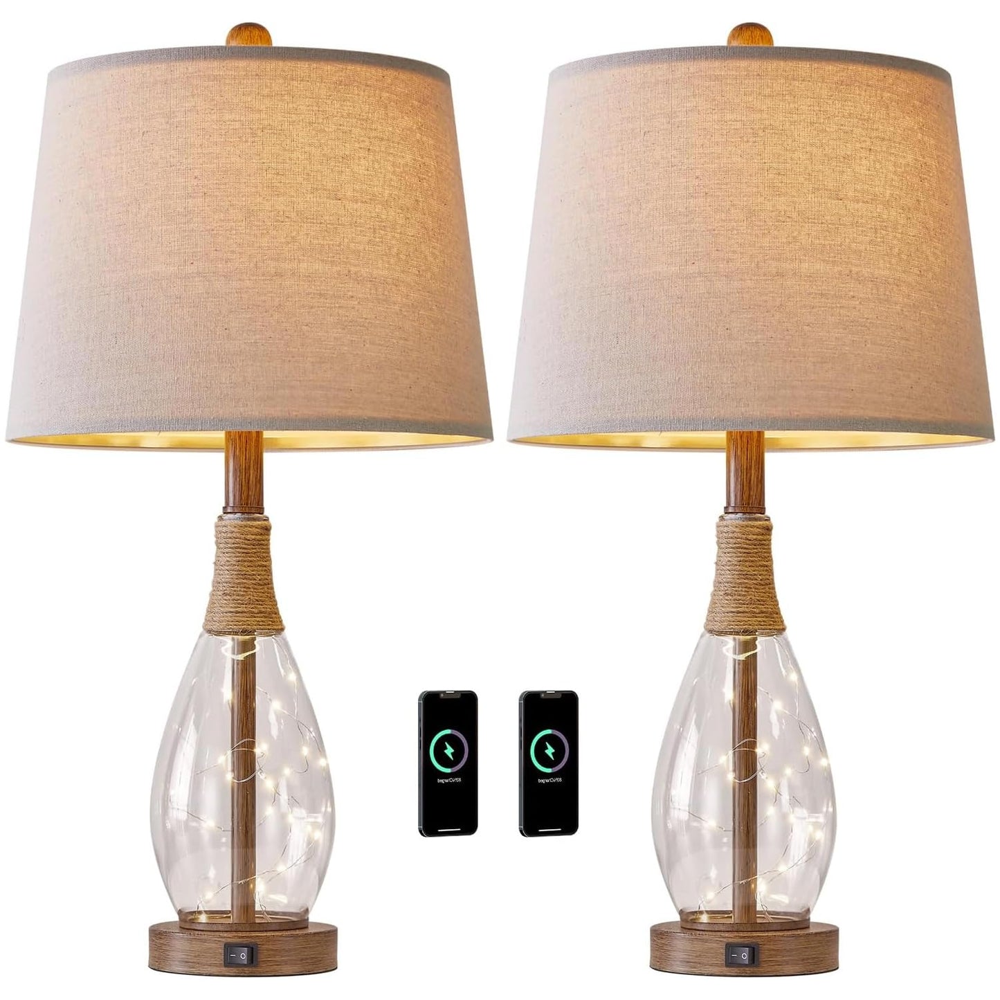 OYEARS 23" USB A+C Table Lamp Sets of 2 Modern Bedside Lamps Retro Farmhouse Rattan Glass Nightstand Nightlight Lamps for Bedroom Living Room Dorm - WoodArtSupply