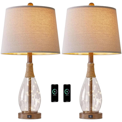 OYEARS 23" USB A+C Table Lamp Sets of 2 Modern Bedside Lamps Retro Farmhouse Rattan Glass Nightstand Nightlight Lamps for Bedroom Living Room Dorm - WoodArtSupply