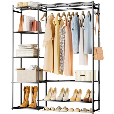 Wardrobe Closet, Portable Clothing Rack for Hanging Clothes, Free Standing Closet Organizers and Storage System with 4 Tiers Shelves for Cloakroom Bedroom, Black