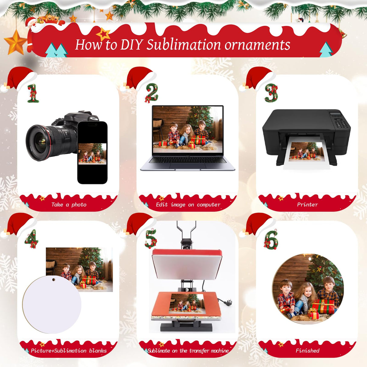 Sublimation Ornament Blanks 16PCS Personalized Christmas Ornaments Set Double-Sided Sublimation Ornaments with Red String, White Round DIY Handmade Crafts for Xmas Tree, Christmas Decorations Indoor Clonivent