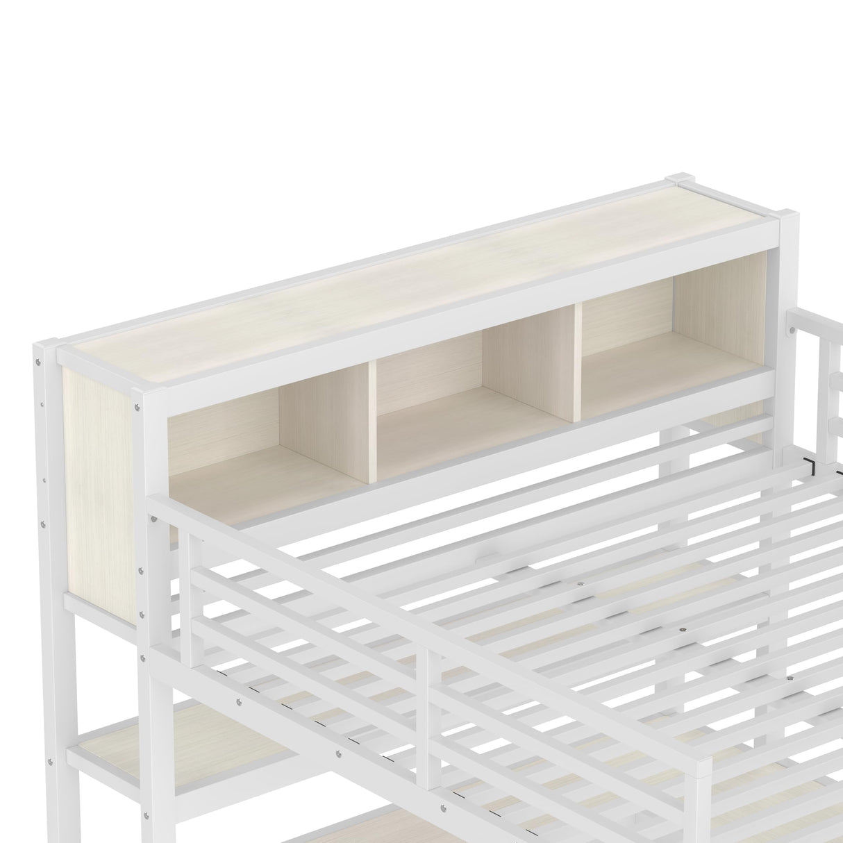 Bellemave Queen Loft Bed with Desk & Wardrobe, Heavy Duty Metal Loft Beds with Storage Shelves, Space Saving Loft Bed Queen Size with Safety Guard, White Wood Grain Bellemave