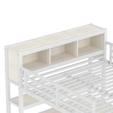 Bellemave Queen Loft Bed with Desk & Wardrobe, Heavy Duty Metal Loft Beds with Storage Shelves, Space Saving Loft Bed Queen Size with Safety Guard, White Wood Grain Bellemave