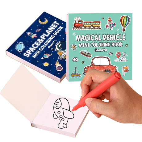 Mini Coloring Book for Adults, 2-Pack Travel Small Coloring Books, Pocket Size Adults Relaxation Coloring Books Stress Relief Adult Mini Coloring Book (Vehicle & Space Planet) Gamito