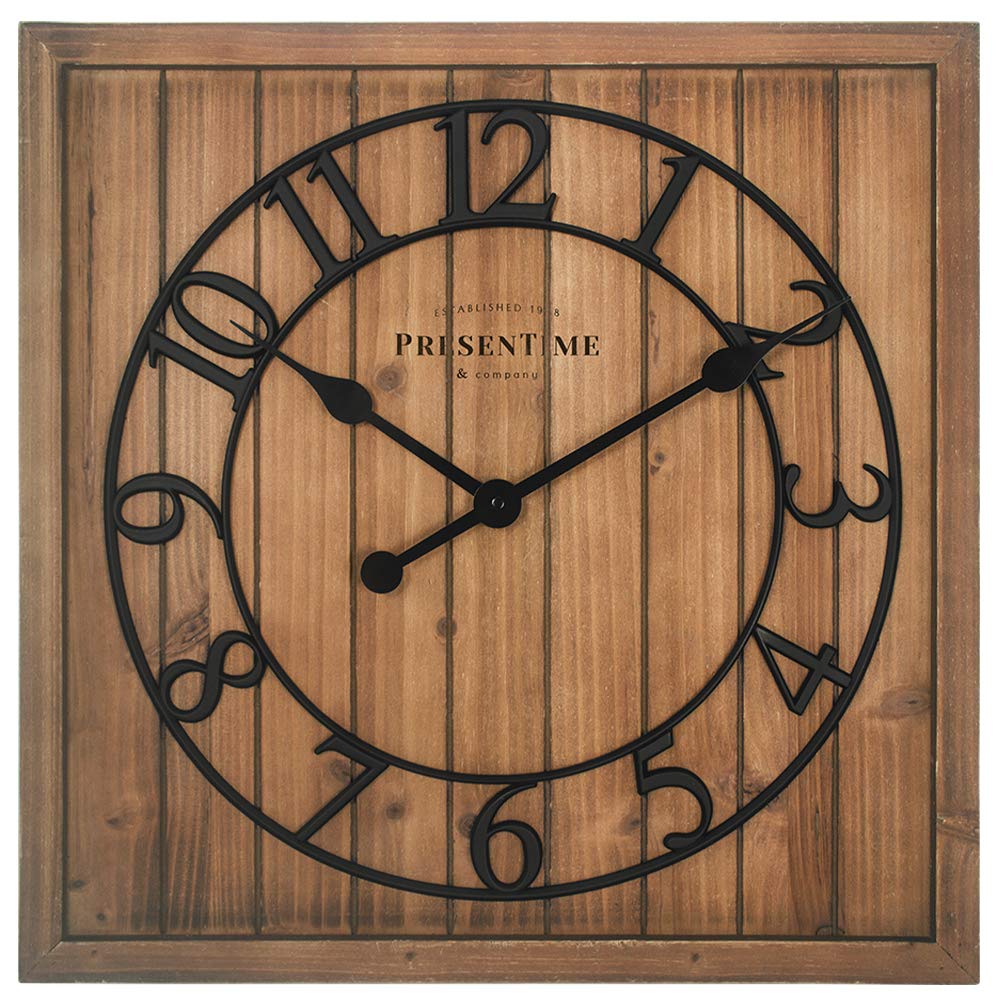 Presentime & Co 21" Farmhouse Square Shiplap Barn Door Wood Clock - Fir, Arabic Numeral. Home Decoration/Wall Decoration/Farmhouse Décor for Living Room, Dining Room, and Entryway. Presentime
