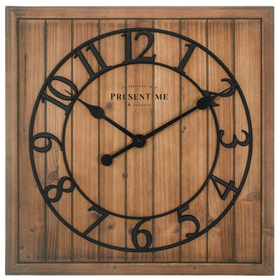 Presentime & Co 21" Farmhouse Square Shiplap Barn Door Wood Clock - Fir, Arabic Numeral. Home Decoration/Wall Decoration/Farmhouse Décor for Living Room, Dining Room, and Entryway.