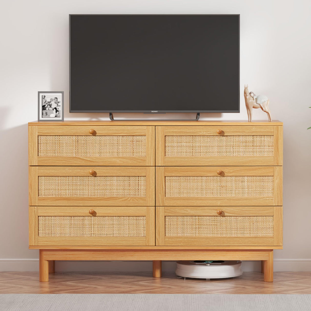 Bliss Homey 6 Drawer Dresser for Bedroom, Rattan Natural Wooden Dresser, 48" Wide Boho Chest of Drawers, Double Dresser with Wood Storage Organizer for Closet, Living Room, Hallway Bliss Homey