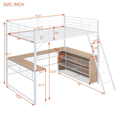 Metal Full Size Loft Bed with L-Shaped Desk,Heavy Duty Loft Bed with 3 Tier Shelves for Kids Teens Adults,Loft Bed Full Size with Storage, High Loft Bed Frame, Space Saving,White