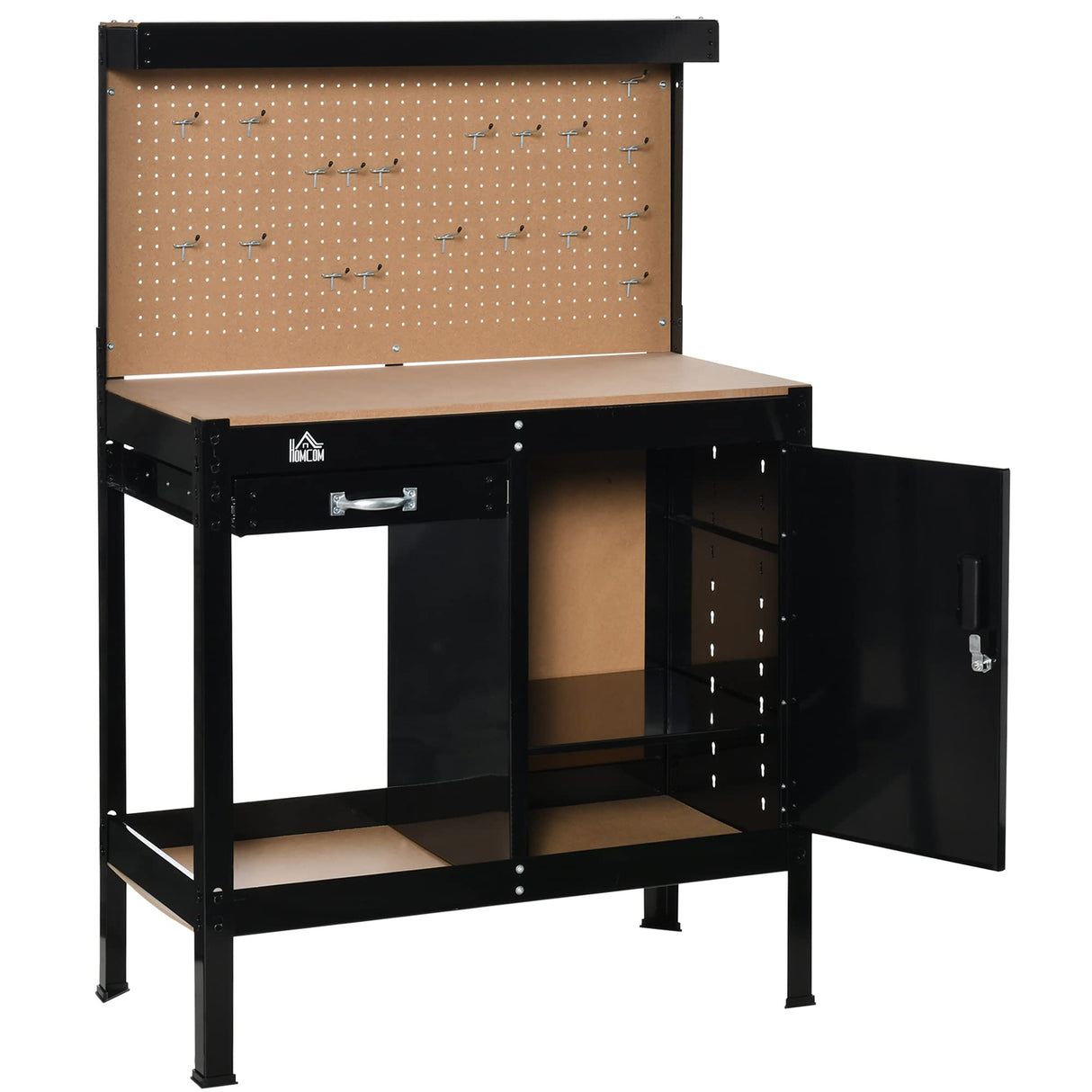 HOMCOM Multipurpose Workbench, Workshop Tool Table with Slide Drawer. Peg Board, Storage Cabinet with Keys HOMCOM