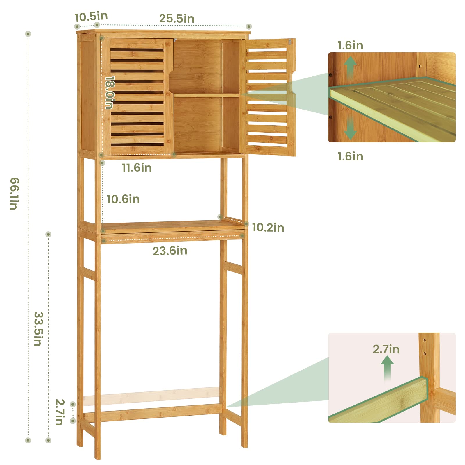 VIAGDO Natural Bamboo Over The Toilet Storage Cabinet with Adjustable Shelves and Doors - WoodArtSupply