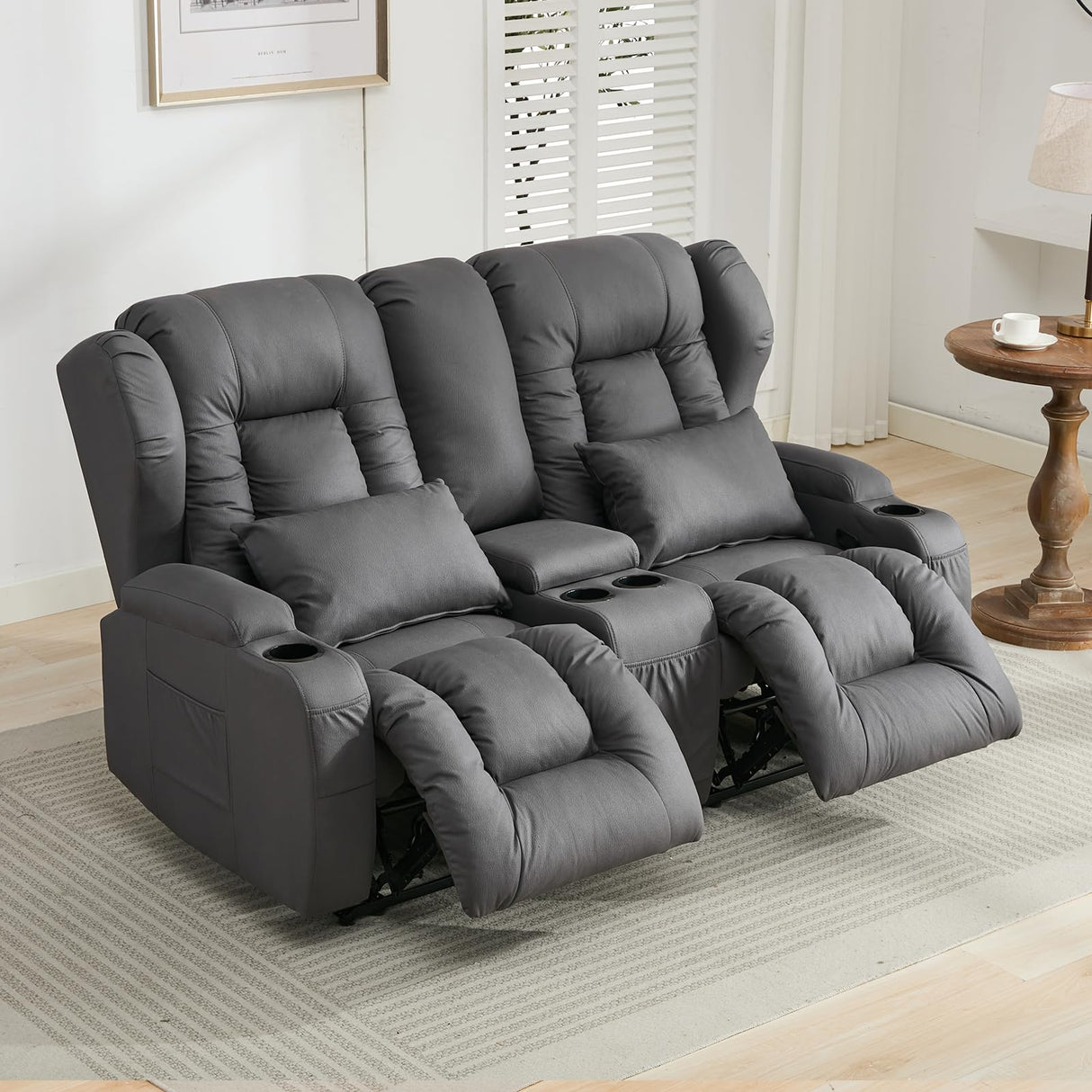 SAMERY 65.5" RV Loveseat Recliner Double Recliner RV Sofa & Console | Wall Hugger Loveseat Reclining RV | RV Theater Seats | RV Couch | RV Home Theater Seating Furniture (Fabric Gray) SAMERY