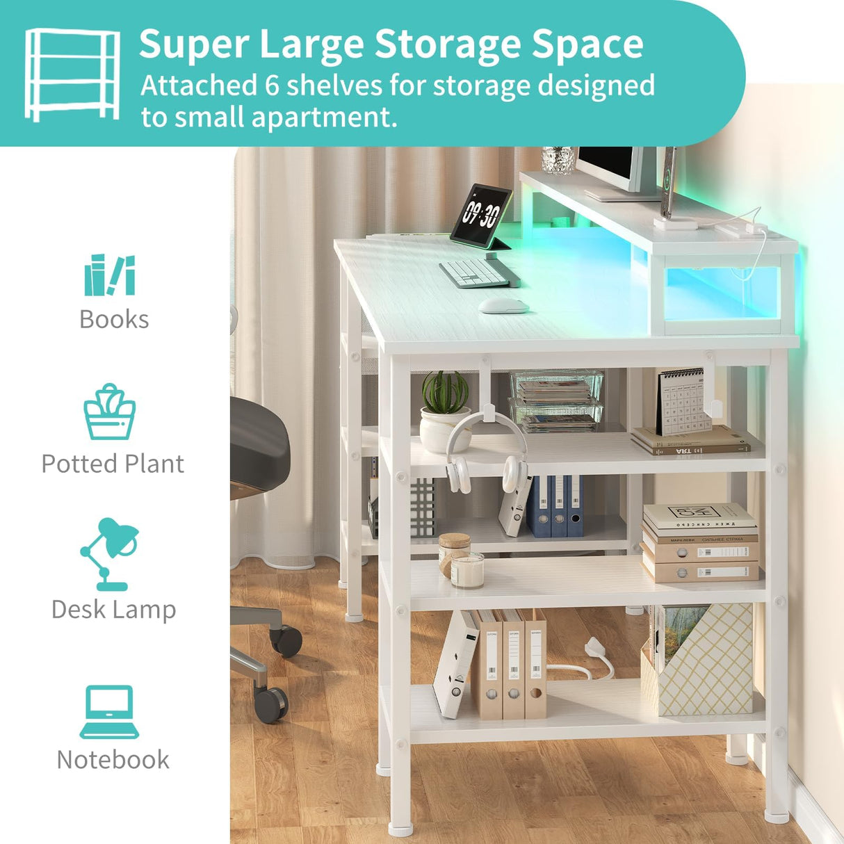Lufeiya White Desk with Storage Shelves - 47 inch Home Office Gaming Desk with Monitor Stand, Computer Desk with LED Lights and Power Outlets, White Lufeiya