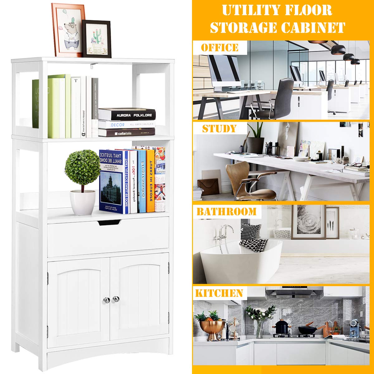Tangkula Bathroom Floor Cabinet with Drawer, 2 Open Shelves and Door Cupboard, Multipurpose Free Standing Storage Cabinet for Bathroom Kitchen Living Room, 24 x 13 x 48 inch (White) Tangkula