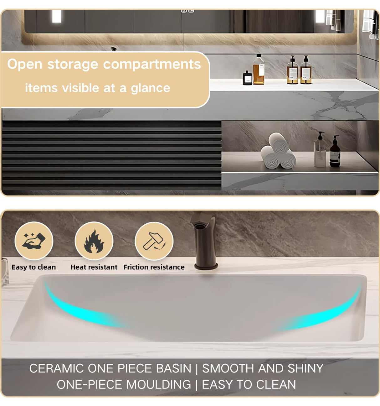 60 Inch Bathroom Vanity, Single Sink Bathroom Vanity Set Includes Anti-Fog LED Mirror Cabinet, Sintered Stone Countertop & Bathroom Sink Cabinet, Wall Mounted Floating Modern Bathroom Vanities, Black LUTHXAY