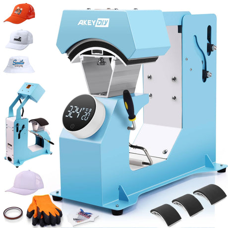 AKEYDIY Auto Hat Heat Press Machine for Caps with 3pcs Interchangeable Platens 3-in-1 Automatic Cap Press w/Knob-Style Digital Controller & Auto Open & Release, Heat Transfer Printing for Caps AKEYDIY