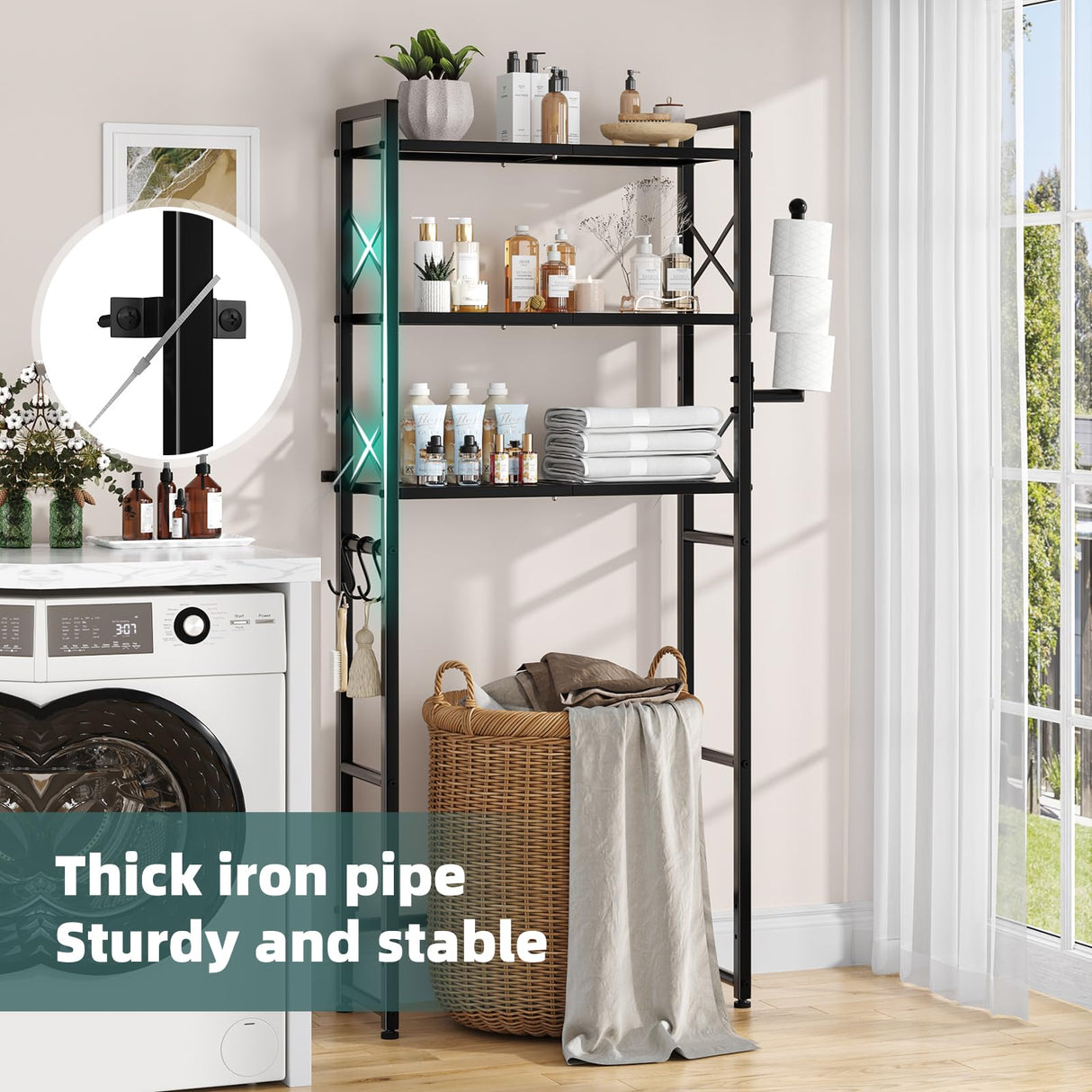 Simple Trending Over The Toilet Storage Rack with Toilet Paper Holder, Heavy Duty Metal 3 Tier Bathroom Organizer Shelf with 3 Hooks,Black Simple Trending