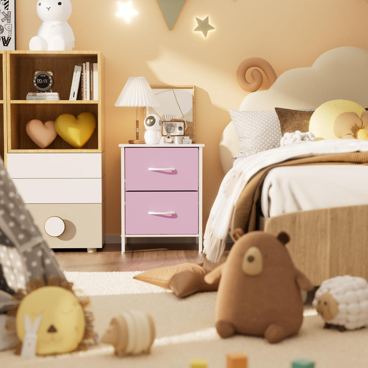 Stero Nightstand Set of 2, Kids Dresser with 2 Drawers, Steel Frame Bedside Furniture, Wood Top Fabric Night Stand, Colorful End Table for Home, Bedroom, Office, Pink Stero