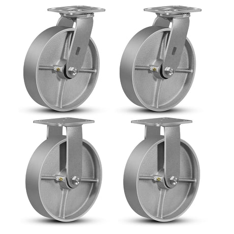 FOVERSWIVE 8"x2" Industrial Casters- Heavy Duty Casters, Cast Iron Wheel,Steel Casters Set of 4 Capacity up to 6000 Lb. Use for Platform Truck, U-Boat Cart,Workbenche(2 Swivel & 2 Rigid) FOVERSWIVE