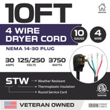 Iron Forge Cable 4 Prong Dryer Cord 10 ft, 10/4 NEMA 14-30 Plug 30 Amp for Dryer & EV with Ring Terminals, 10 Gauge Appliance Power Cord 4 Prong 125V/250V - ETL Certified IRON FORGE CABLE