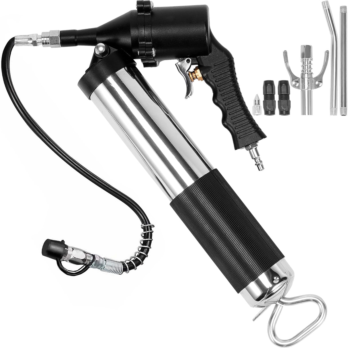 VEVOR Grease Gun, 6000PSI Air Operated Grease Gun, Heavy Duty Pneumatic Grease Gun with 14 oz Load, 18.5 Inch Flexible Hose, 1 Flat Coupler, 1 Pointed and Locking Clamp Coupler, 1 Bent Metal Pipe VEVOR