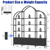 Nosepen Triple Wide 5 Tier Tall Arched Bookshelf and Bookcase with 3 Cabinets, Industrial Metal Etagere Open Bookshelf, Wood Standing Book Shelf with Black Metal Frame for Bedroom Living Room Nosepen