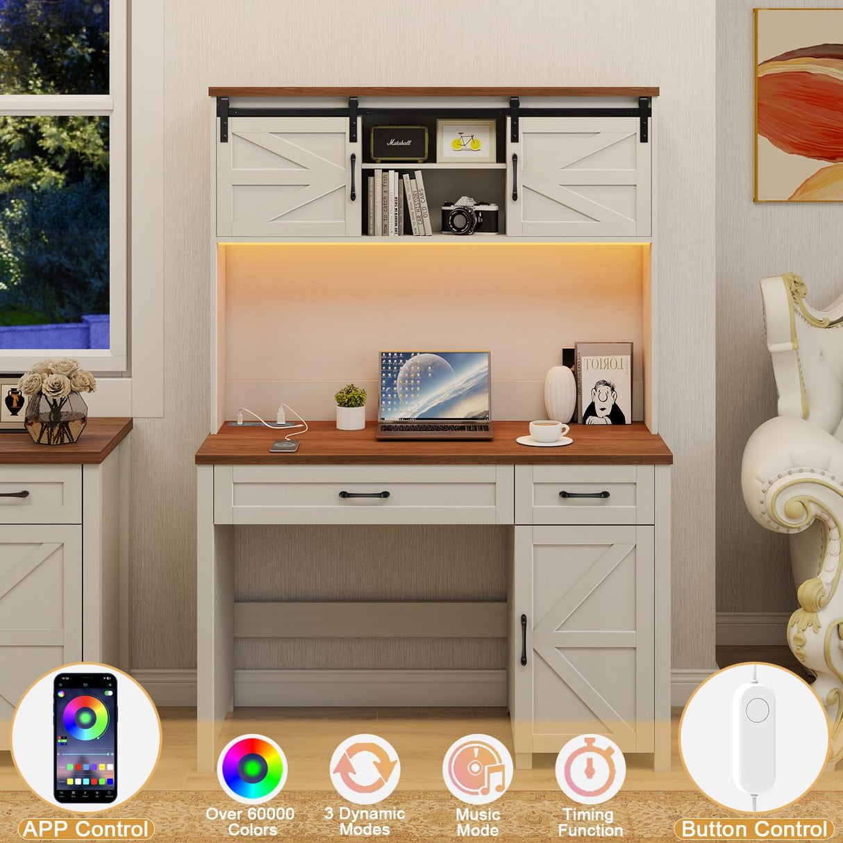 Vabches Farmhouse 47" Executive Desk, Computer Desk with 2 Drawers, LED Light and Storage Cabinet, Home Office Desk with Hutch, Charging Hub, Workstation for Home Office and Study.Unique White Vabches