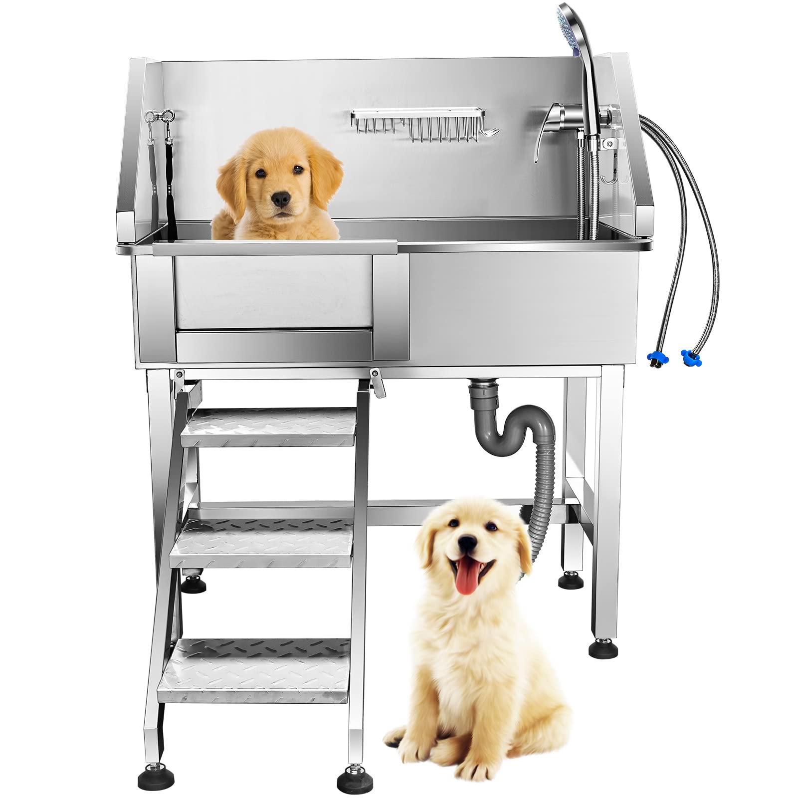 WSSEY 34'' Dog Washing Station for Small Dogs Grooming Tub Bathing Station Professional Pet Wash Station Bathtub for Home with Sliding Door, Faucet, Steps - WoodArtSupply