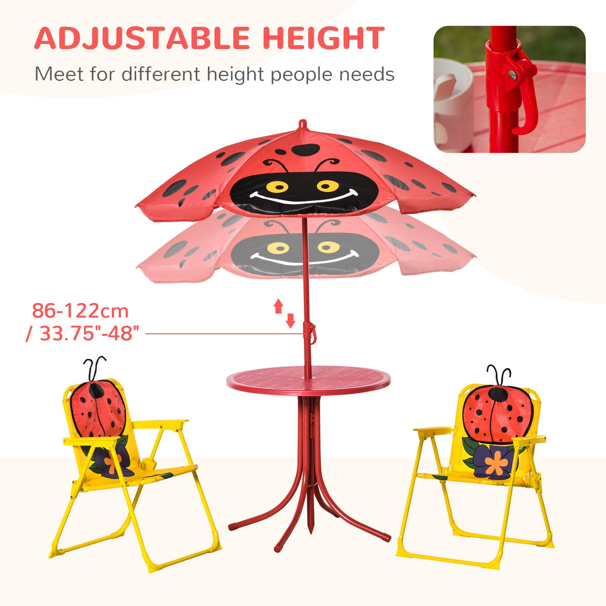 Outsunny Kids Table and Chair Set, Outdoor Folding Garden Furniture, Picnic Table for Patio Backyard, with Removable & Height Adjustable Sun Umbrella, Aged 3-6 Years Old, Red Outsunny