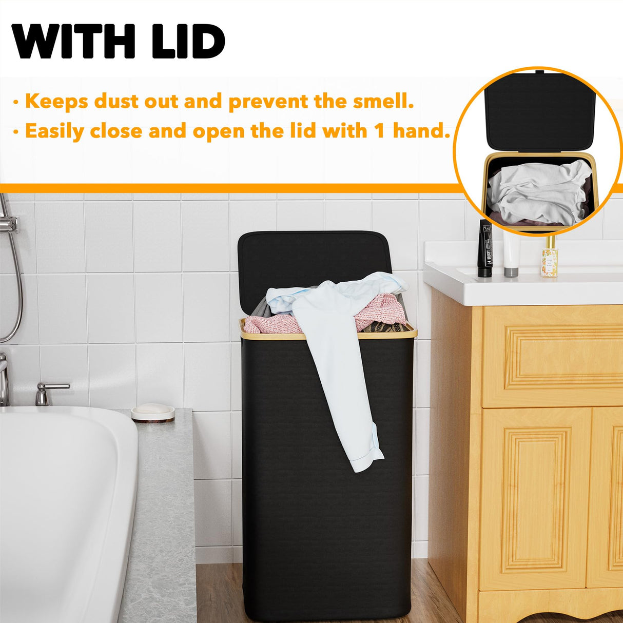 SpaceAid Laundry Hamper with Lid, 110L Large Tall Clothes Basket Bin with Bamboo Handles, Collapsible Laundry Hamper for Bedroom, Bathroom, Dorm, Laundry Room - Black SpaceAid