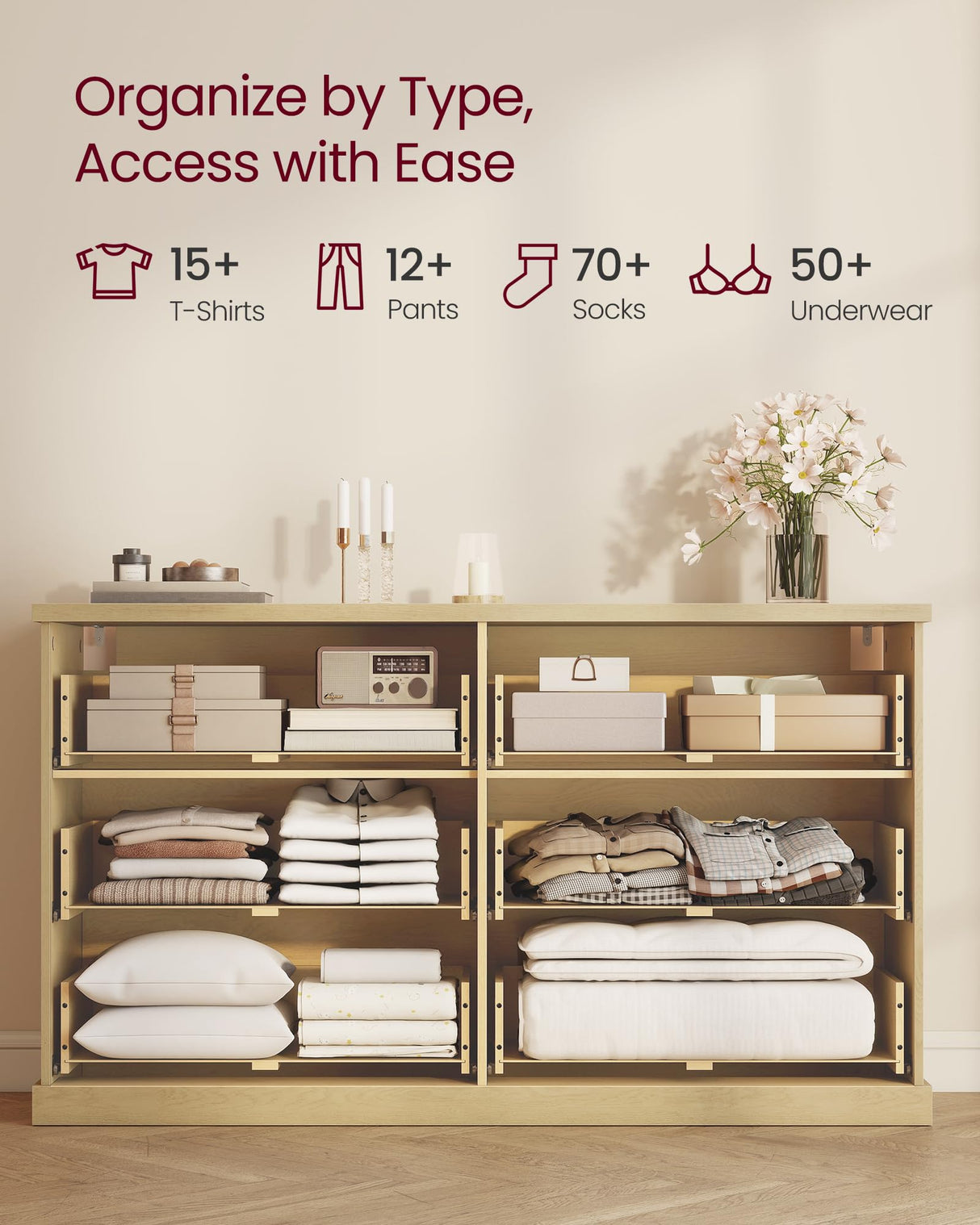 VASAGLE MAXE Collection - 6-Drawer Double Dresser for Bedroom, 54.2-Inch Wide Chest of Drawers, Fluted Panels, Mid Century Modern Storage Dresser, TV Stand for Living Room, Oak Beige ULTS662YC01S VASAGLE