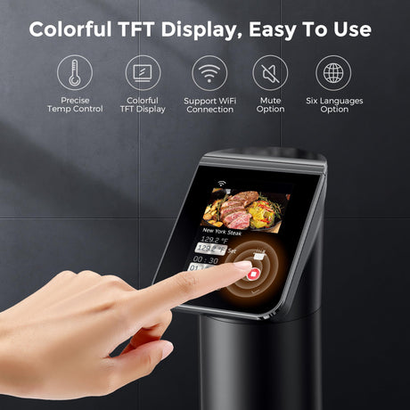 KitchenBoss WIFI Sous Vide Cooker: Ultra-Quiet Sous-vide Cooking Machine 1100 Watts Stainless Steel Immersion Circulator for Kitchen with TFT Preset Recipes, Black KitchenBoss