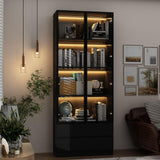 FAMAPY Display Cabinet with 2 Glass Doors and Lights, Display Case Cabinet with 4-Tier Storage Shelves and 2 Drawers, Pop-up Design, for Collectibles, Black (31.5”W x 14.2”D x 78.7”H) FAMAPY