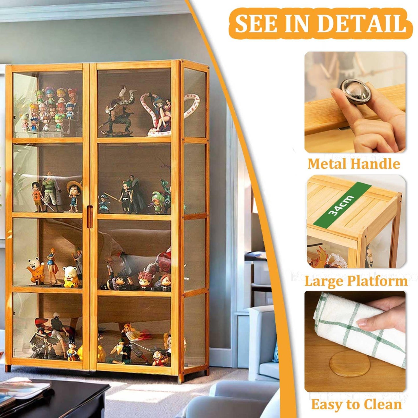 4-Tier Curio Cabinets with Acrylic Doors 51in Display Cabinet Natural Bamboo Frame,Safe and Healthy,Double Door Design for Convenient Storage,Sealed Dustproof,Easy to Clean,Brown,32 * 13 * 51in