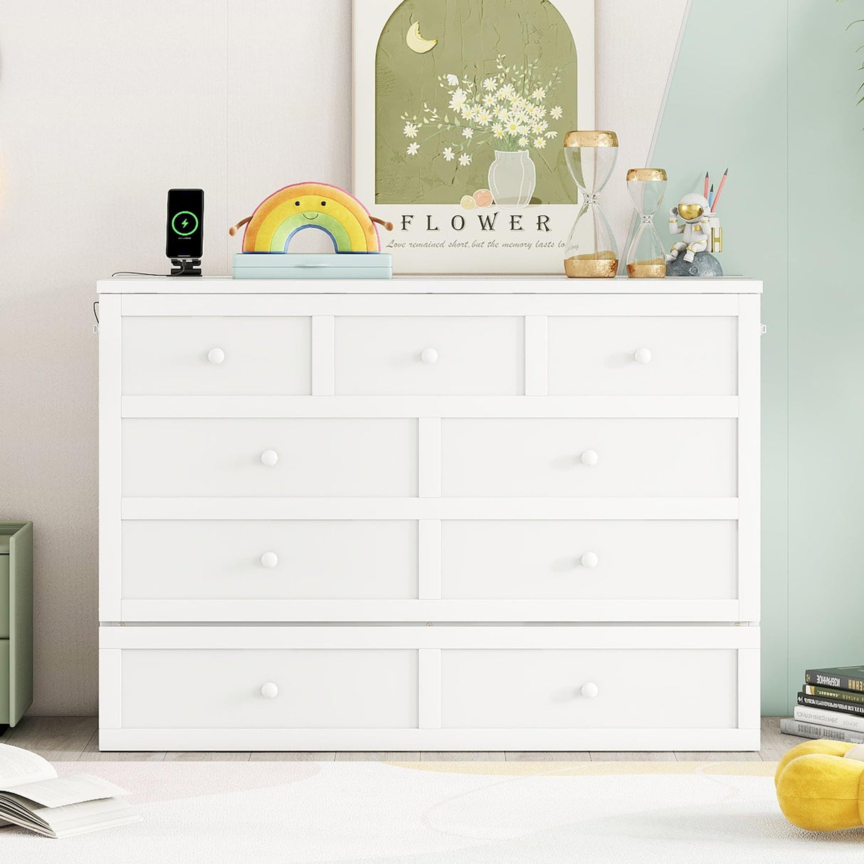 DNChuan Full Size Murphy Bed Cabinet with Storage Drawer and USB Port, Foldable Cube Chest Platform Bed, Pine Wood Frame, Space Saving, No Box Spring Required, White DNChuan