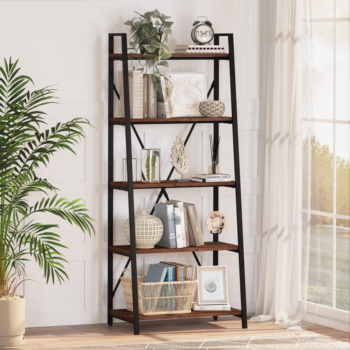 BON AUGURE Rustic Oak 5-Tier Industrial Ladder Shelf Bookcase - WoodArtSupply