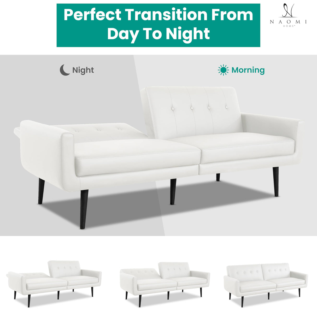 Naomi Home Monica Leather Futon Sofa, Convertible Couch Bed, Split Back Premium air Leather Sleeper Couch Sofa for Living Room, Mid Century Modern Fold Out Couch Bed with Tapered Legs - White Naomi Home