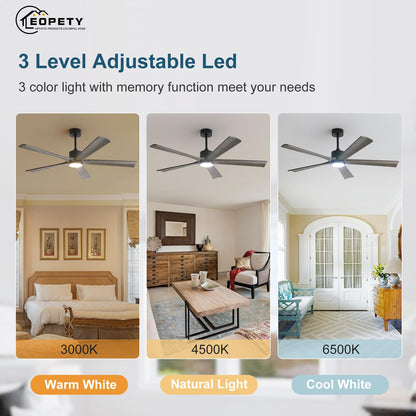 EOPETY 60" Solid Wood Ceiling Fan with Lights and Remote Control, 5 Blade Wood Ceiling Fan with Light for Outdoor Patio Bedroom, 6 Speeds,Timing,Quiet Reversible DC Motor, Grey, Lighted Ceiling Fan