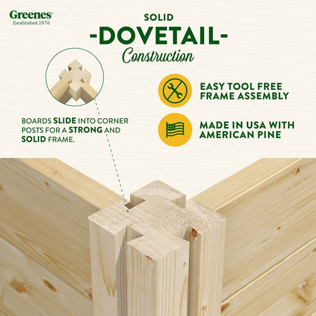 Greenes Fence Original Pine Raised Garden Bed, 4' x 4' x 10.5" - Made in USA with American Pine Greenes Fence