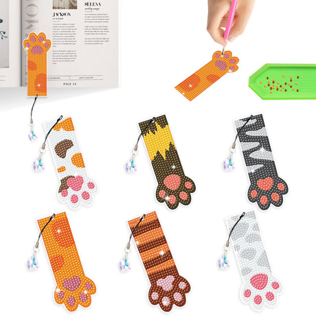 6 PCS Diamond Art Bookmarks Kits Diamond Painting Bookmark Cat Paw Bookmarks Handmade DIY Art Bookmark DIY Crafts Kit with Tool Accessories LIQALU