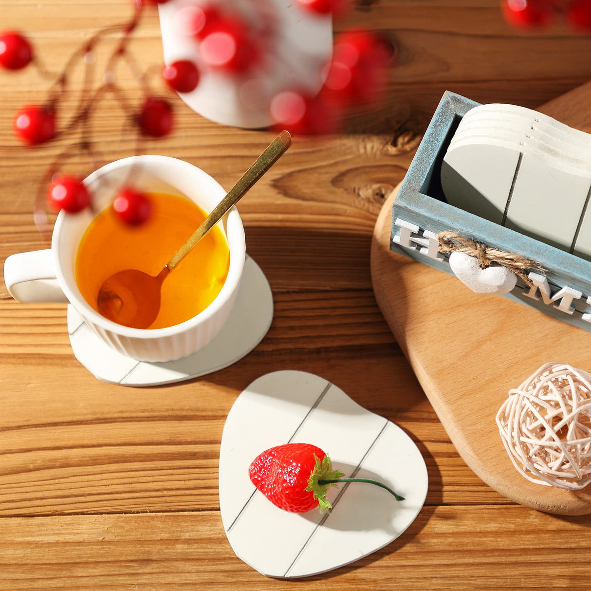 Coasters for Drinks, Wooden Heart Coasters Set of 6 Farmhouse Coasters with Holder Funny Coasters for Coffee Table Protection Housewarming Gifts for New Home Decoration, 4 Inch (Home, Blue) Patelai