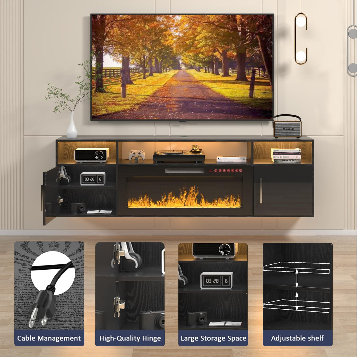 VENDORZ Floating Fireplace TV Stand, 70" Floating TV Stand Wall Mounted with 36" Fireplace, Black Floating Entertainment Center Fire Place TV Stands for Living Room Media Console, Up to 80" TVs VENDORZ